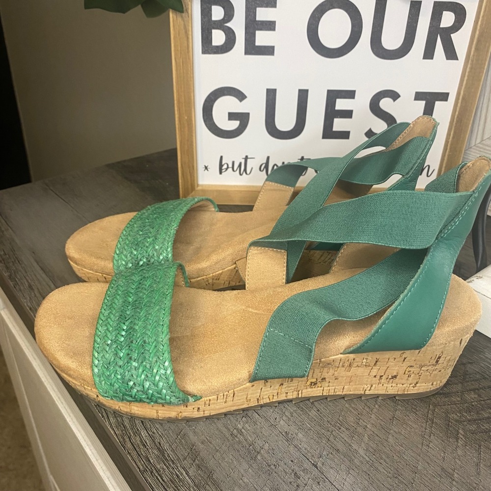 Easy Spirit Selorena2 Green Woven Cork Wedge Sandals Womens 6.5 M Leather Upper